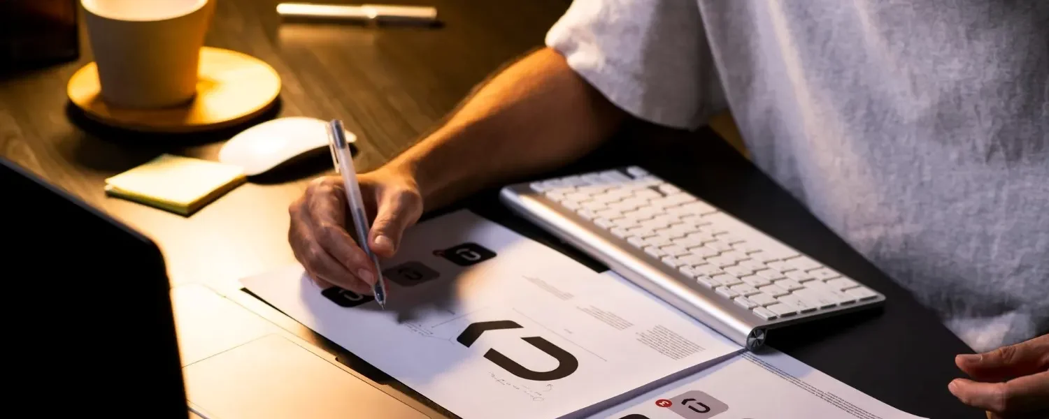 Identidade Visual: Como Construir uma Marca Reconhecível e Consistente: Pessoa trabalhando em identidade visual, fazendo anotações e desenhando elementos de design em um documento sobre uma mesa com notebook e teclado, em ambiente iluminado.