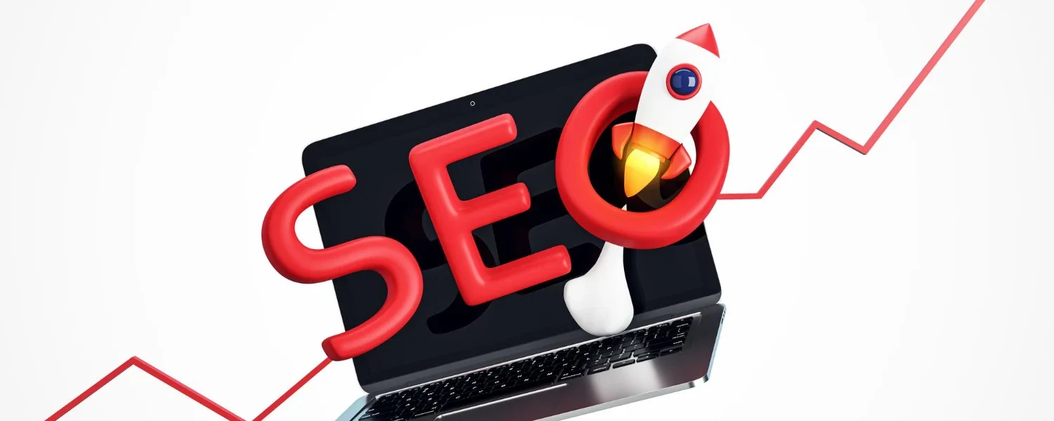 SEO e Redes Sociais: Como Criar uma Estratégia de Visibilidade Multicanal: Ilustração em 3D de um laptop com um foguete vermelho saindo da tela, ícone de gráfico em linha subindo ao fundo, sugerindo crescimento e visibilidade em marketing digital.