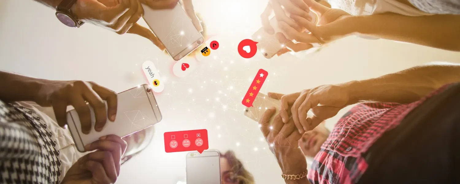 Grupo de pessoas compartilhando e interagindo com smartphones e recursos digitais em uma cena de redes sociais, sugerindo Como o comportamento do consumidor está mudando com a popularização da Inteligência Artificial.