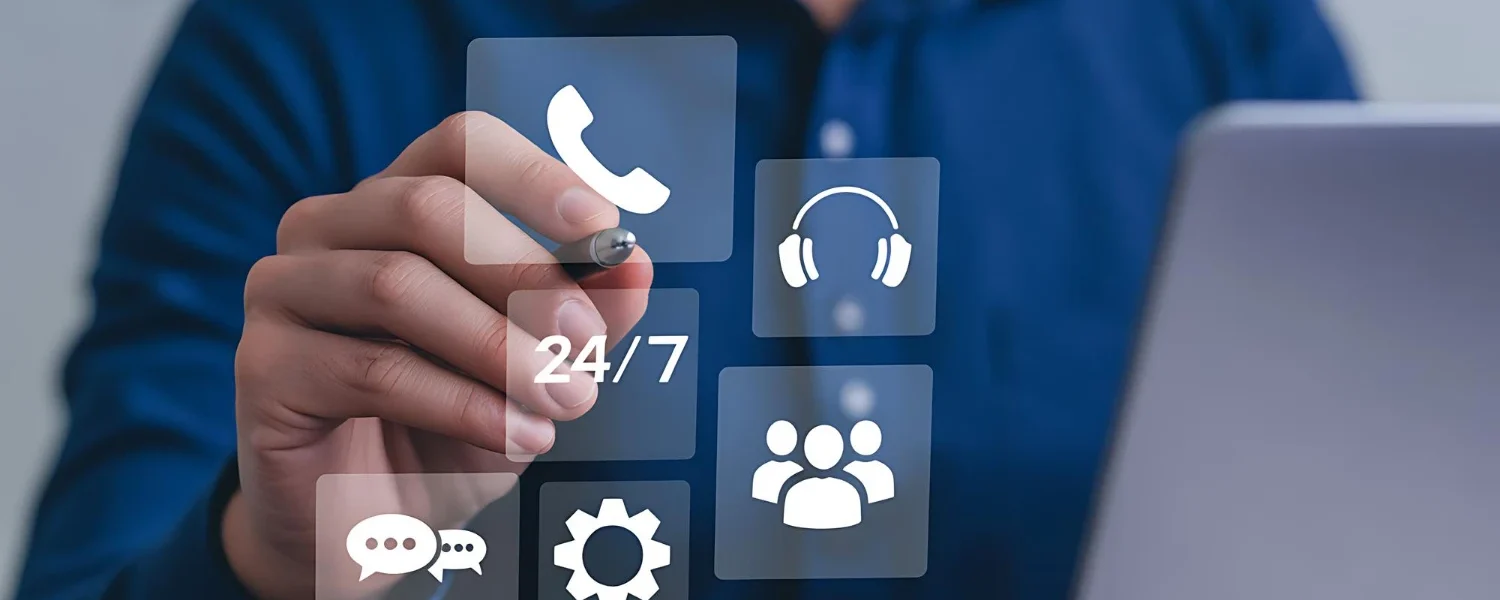 Personalização no atendimento: Como usar dados sem perder a humanização: Pessoa em ambiente de atendimento usando tablet e interagindo com ícones de suporte, como 24/7, telefone, fone de ouvido e chat, simbolizando personalização e humanização no atendimento.